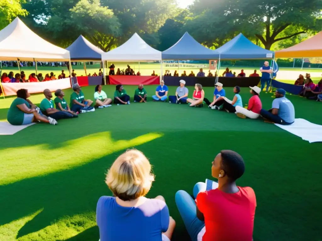 Grupo diverso planea estrategias de financiamiento colectivo para ONGs en un parque soleado, rodeado de naturaleza vibrante y pancartas coloridas