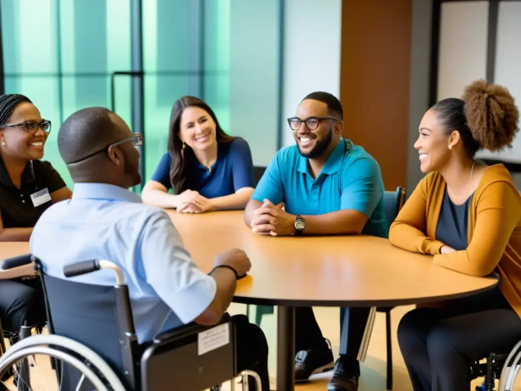 Grupo diverso discute estrategias inclusivas para ONG en oficina accesible y colaborativa