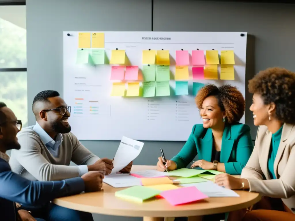 Un grupo diverso colabora en estrategias innovadoras para ONGs, en un ambiente cálido y colaborativo, compartiendo ideas con pasión