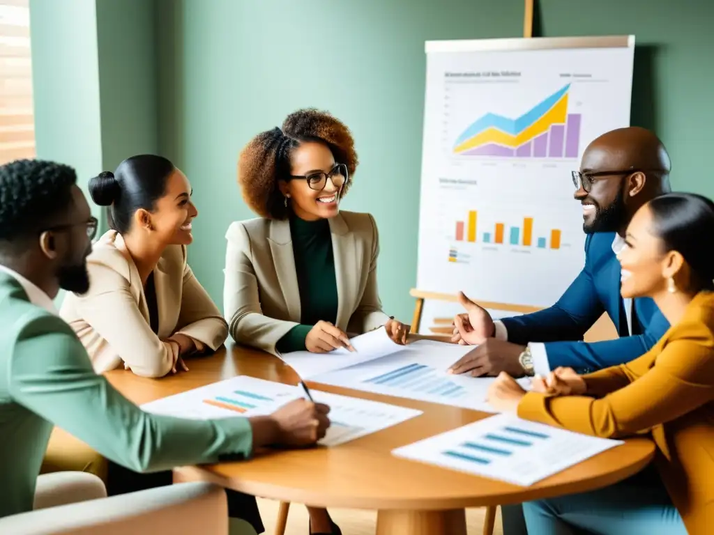 Un grupo diverso discute estrategias de negocios y planificación financiera en un ambiente cálido y colaborativo, ideal para ONGs