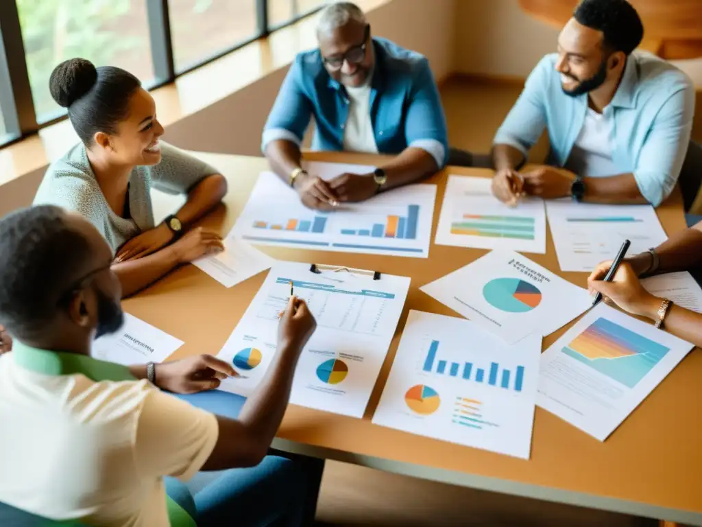 Grupo diverso colabora en estrategias de sostenibilidad financiera ONG, reflejando determinación y comunidad