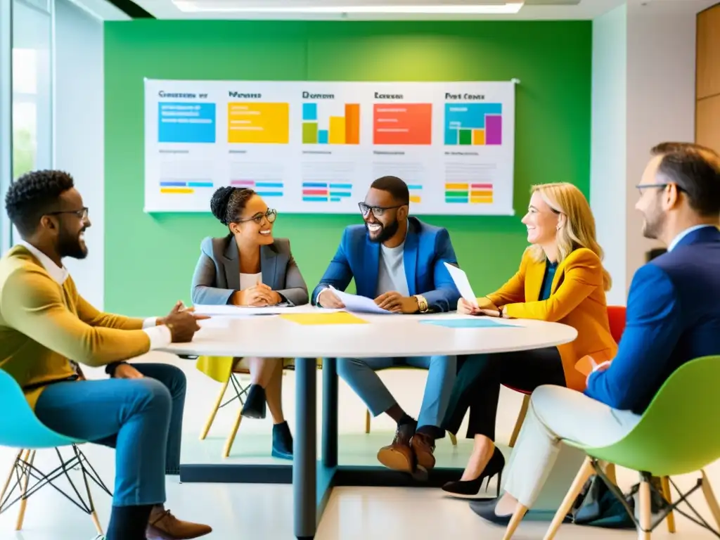 Un grupo diverso se reúne para la planificación estratégica de ONGs, mostrando colaboración y determinación en una sala luminosa