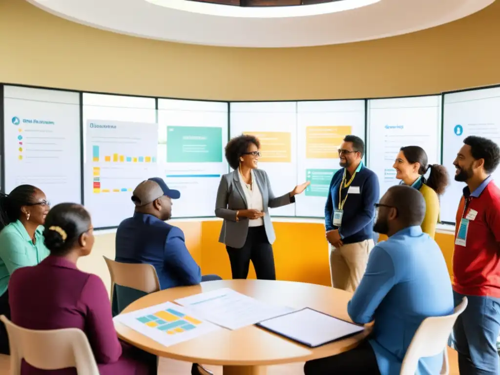 Grupo diverso planifica transformación estratégica en ONG, en sala soleada llena de diagramas y posters