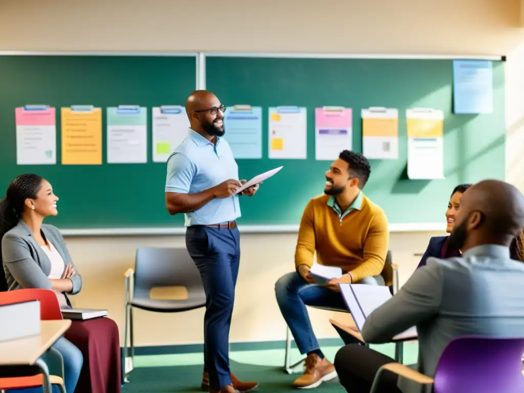 Formación inclusiva: discusión activa en aula moderna Un grupo diverso de estudiantes adultos participa en una animada discusión en un aula moderna y bien iluminada