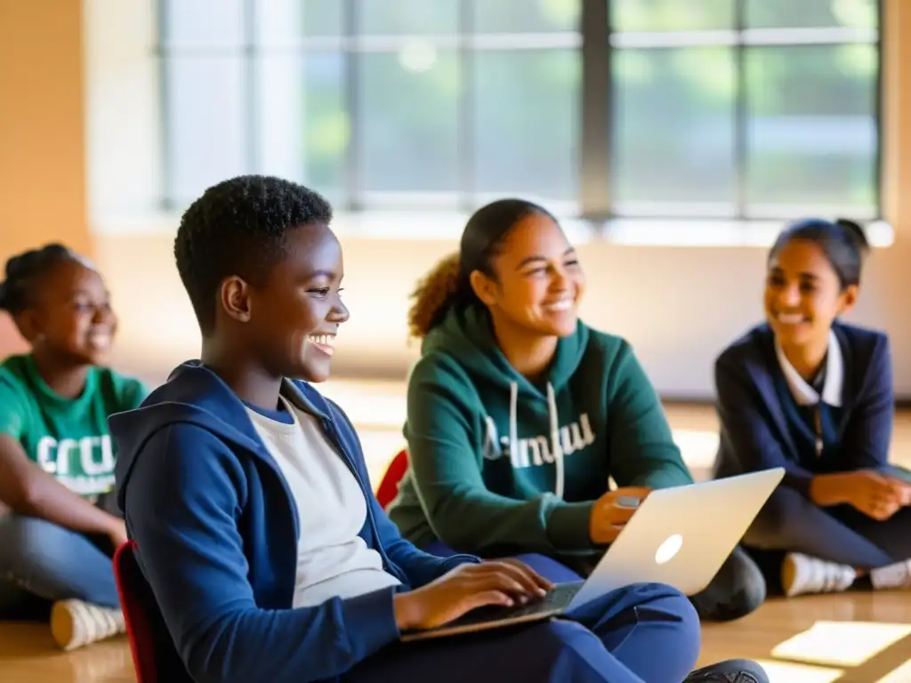 Un grupo diverso de estudiantes de una comunidad desfavorecida se concentra en una lección sobre laptops y tablets