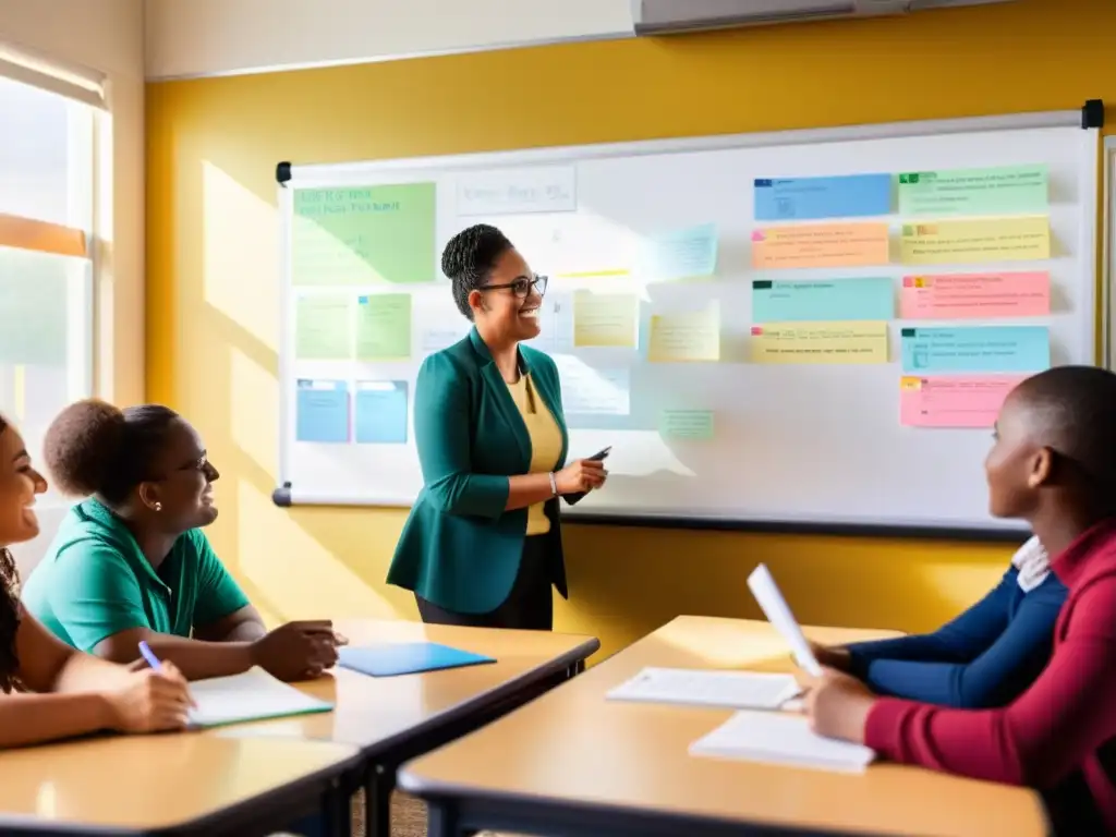 Grupo diverso de estudiantes y maestros en una fundación educativa sin fines de lucro, colaborando y compartiendo ideas en un aula cálida y acogedora