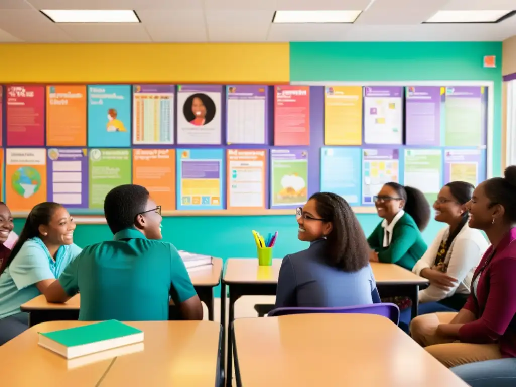 Grupo diverso de estudiantes y maestros colaborando en un aula vibrante con impacto educativo ONGs transformación