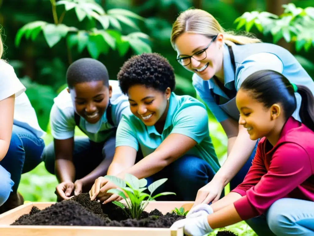 Grupo diverso de estudiantes y profesores participando en actividades al aire libre, creando programas innovadores para educación ambiental