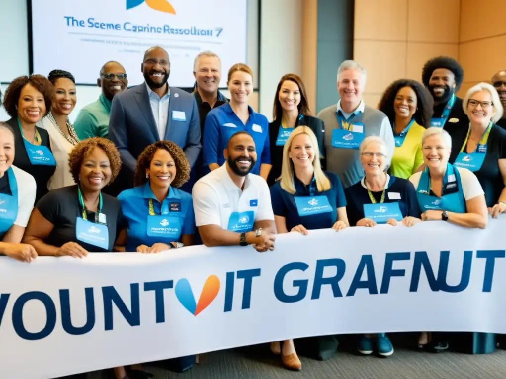 Evento solidario: donación corporativa se duplica Grupo diverso en evento benéfico, con donación corporativa y estrategias matching gifts para ONGs, expresando gratitud y profesionalismo