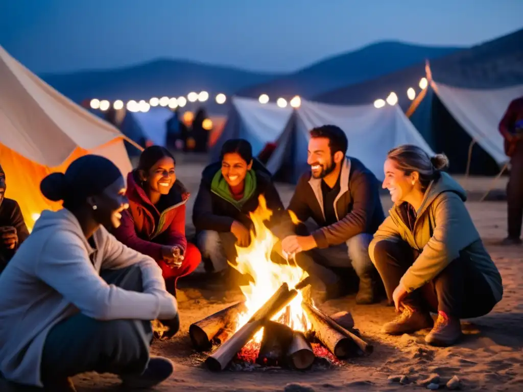 Un grupo diverso se reúne alrededor de una fogata en un campo de refugiados, compartiendo historias