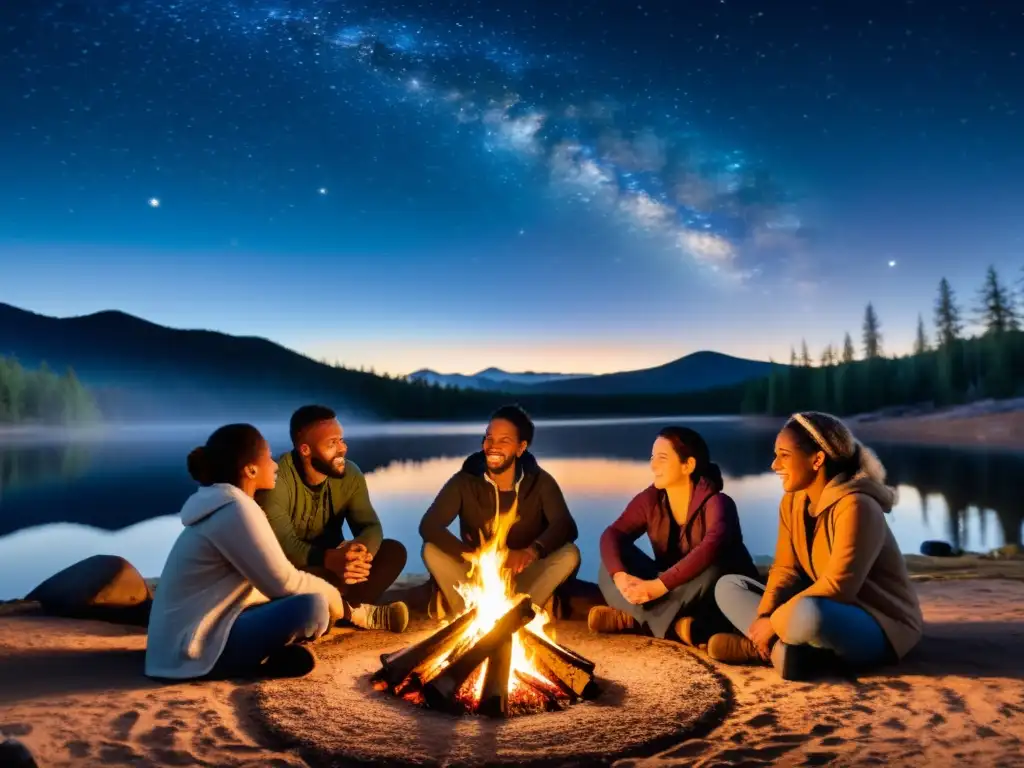 Un grupo diverso se reúne alrededor de una fogata, compartiendo historias y conexiones humanas bajo un cielo estrellado