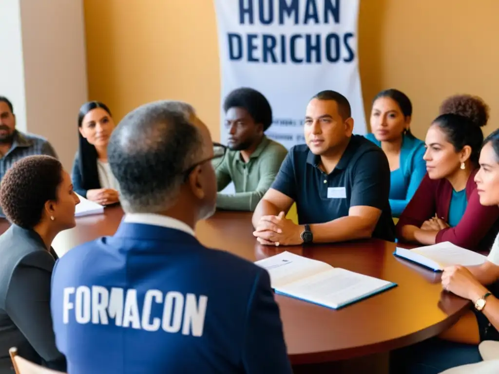 Grupo diverso debatiendo sobre Formación en derechos humanos para ONGs con pasión y determinación, en ambiente cálido y acogedor