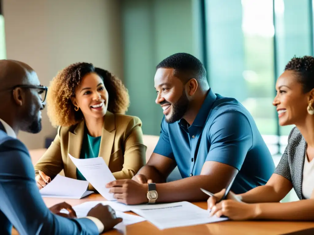 Grupo diverso discutiendo formas innovadoras financiamiento ONGs con determinación y creatividad