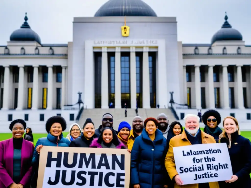 Grupo diverso frente a edificio legislativo internacional, levantando carteles por derechos humanos