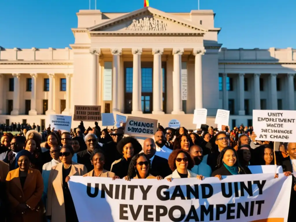 Grupo diverso frente a edificio gubernamental, sosteniendo pancartas de unidad y empoderamiento