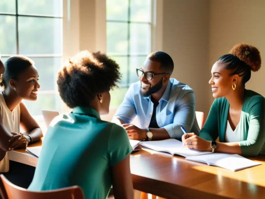 Grupo diverso de fundadores crea ONG, planeando estrategias con determinación y optimismo, mientras la luz del sol ilumina la mesa de trabajo