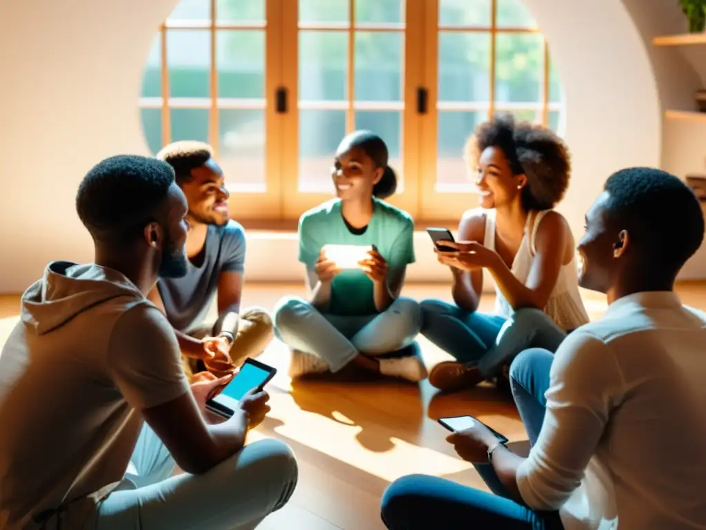 Un grupo diverso comparte historias en círculo, iluminados por la luz del sol