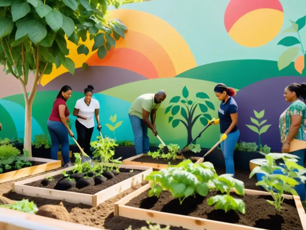 Un grupo diverso colabora en un huerto comunitario, simbolizando la responsabilidad social y el trabajo de ONGs en un contexto internacional