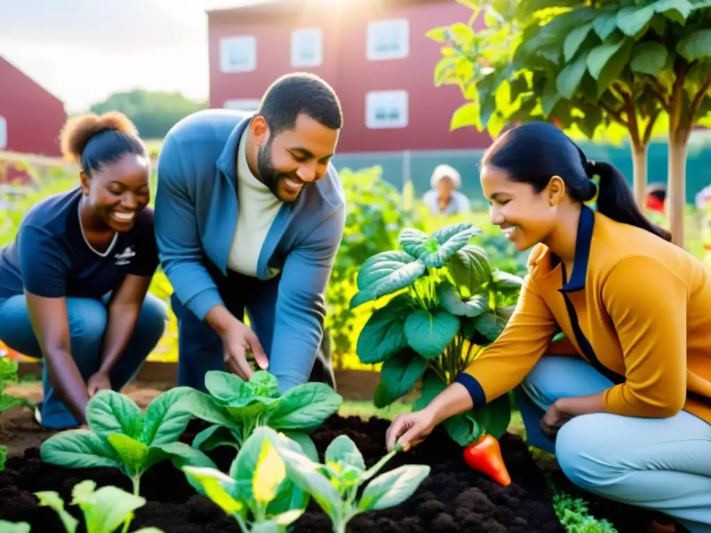 Un grupo diverso cultiva un huerto comunitario con apoyo de una ONG