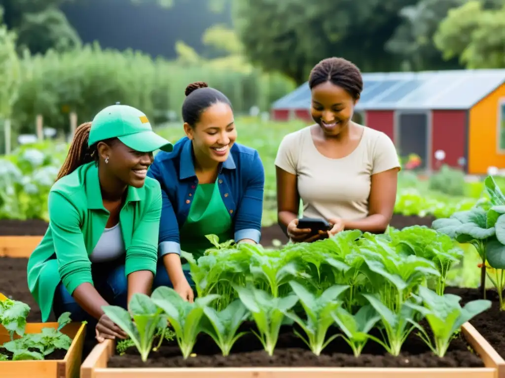 Un grupo diverso trabaja en un huerto comunitario, usando tecnología inteligente y métodos sostenibles para empoderar comunidades vulnerables