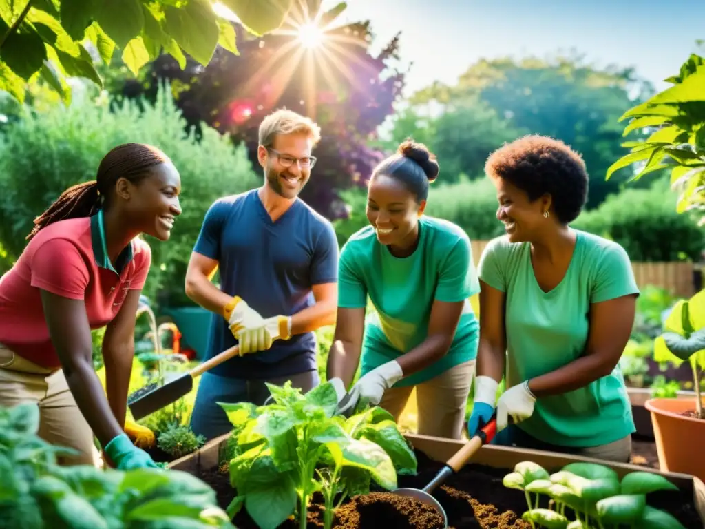 Un grupo diverso colabora en un huerto comunitario, mostrando el poder de la cooperación y la unidad en el trabajo de una ONG