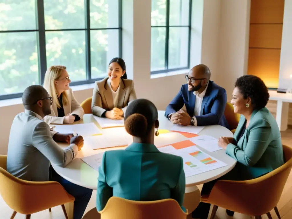 Un grupo diverso discute ideas alrededor de una mesa con papeles y gráficos