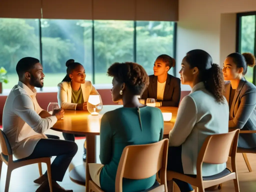 Un grupo diverso discute con pasión y determinación, iluminados por la luz natural