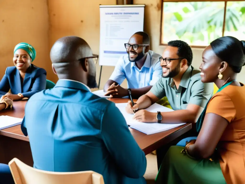 Un grupo diverso de individuos apasionados de una ONG colaborando con comunidades locales para implementar modelos sustentables de financiamiento