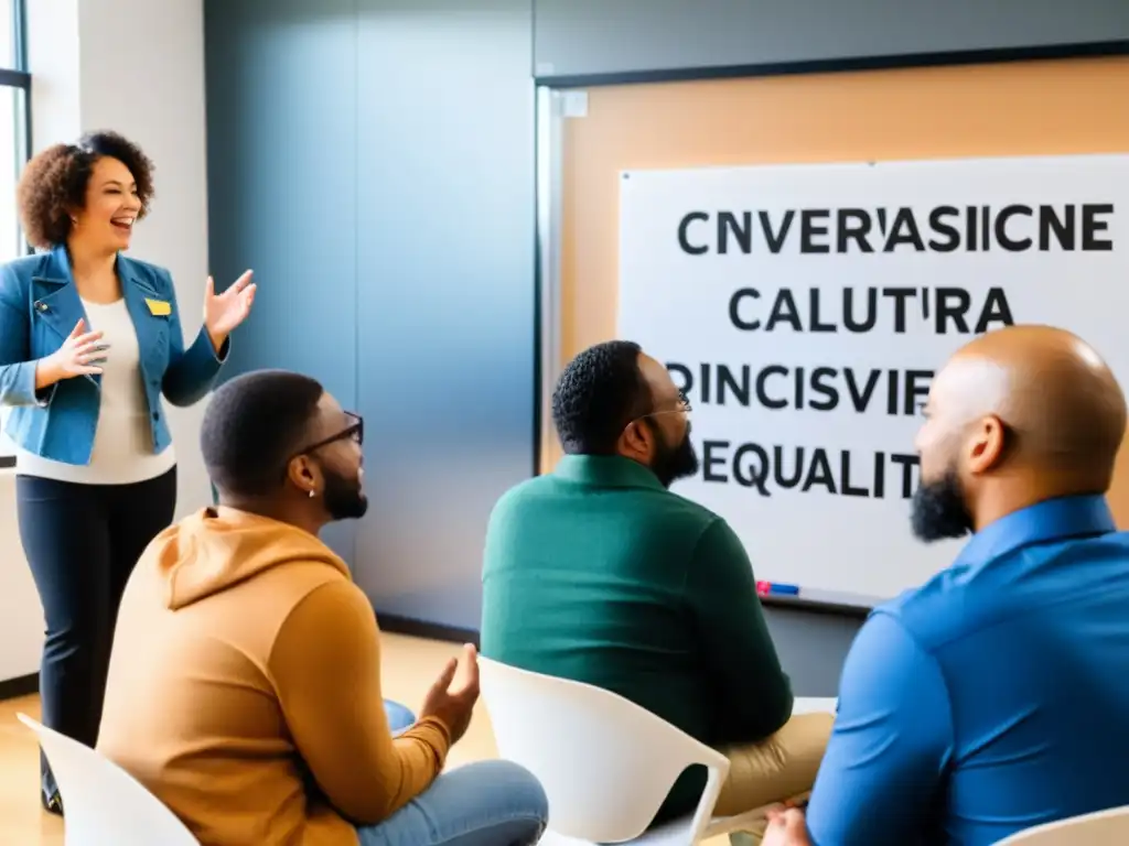 Un grupo diverso de individuos se reúne en un círculo, participando en una discusión inclusiva