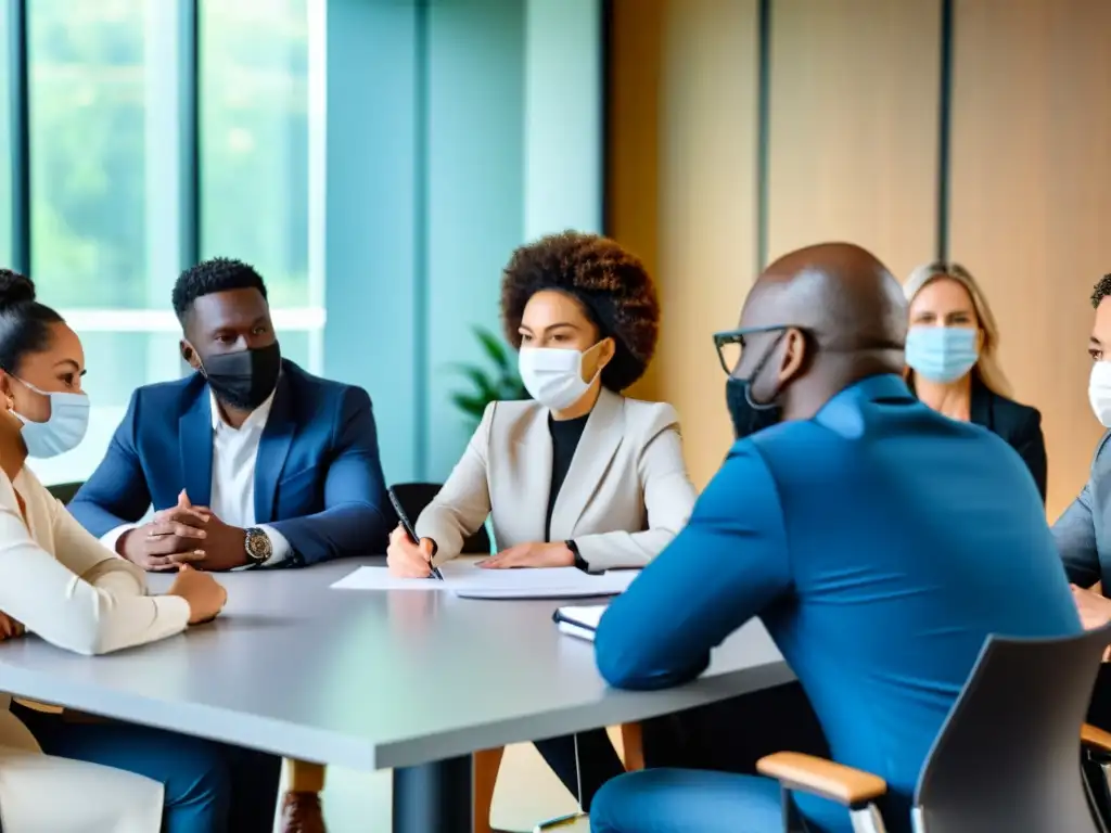 Un grupo diverso de individuos discute cláusulas protección datos ONGs en una sala de conferencias bien iluminada, con expresiones reflexivas