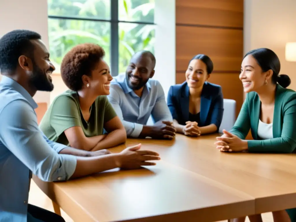 Un grupo diverso de individuos se reúne en una conversación respetuosa y profunda, simbolizando la ética en comunicación ONGs