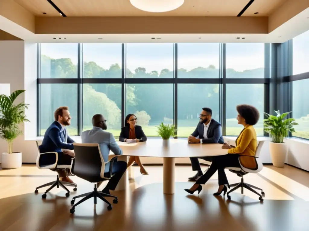 Grupo diverso de individuos, colaborando en estrategias para políticas públicas inclusivas en una sala luminosa