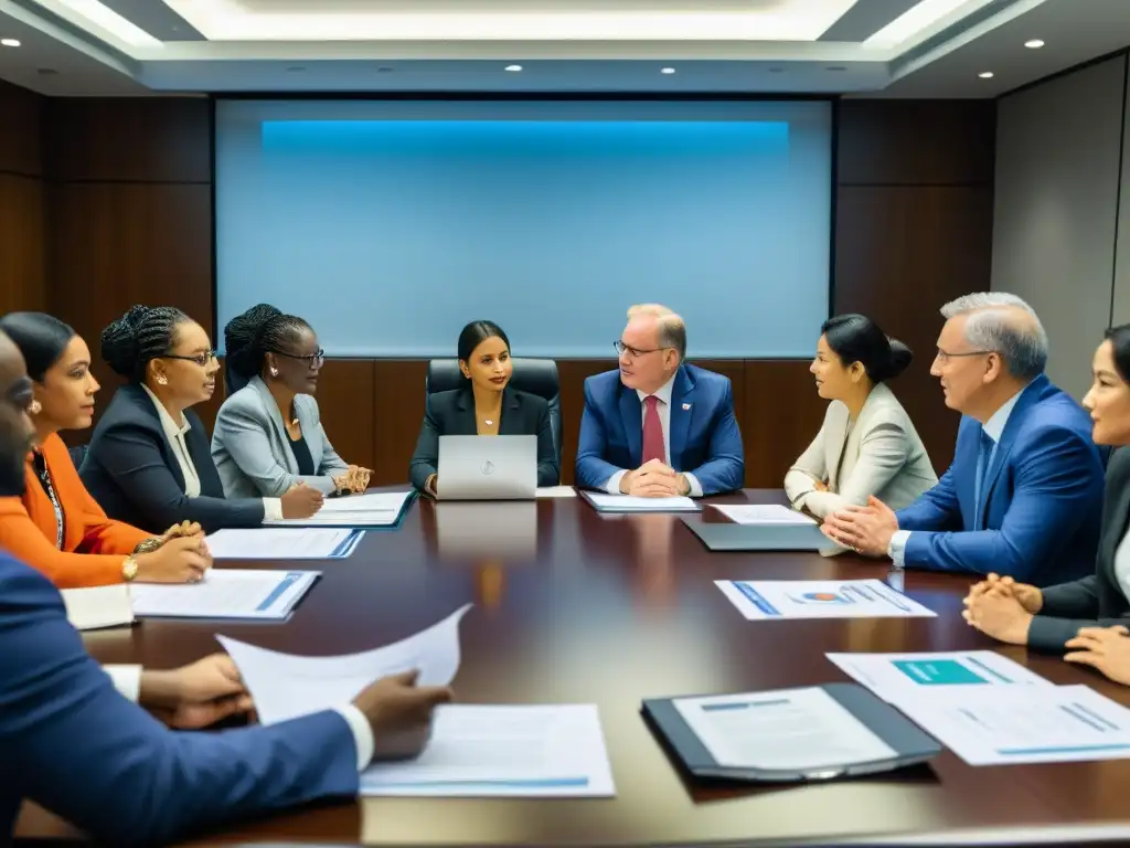 Grupo diverso de individuos colaborando en la evaluación de políticas y cooperación intersectorial, con representantes de ONGs