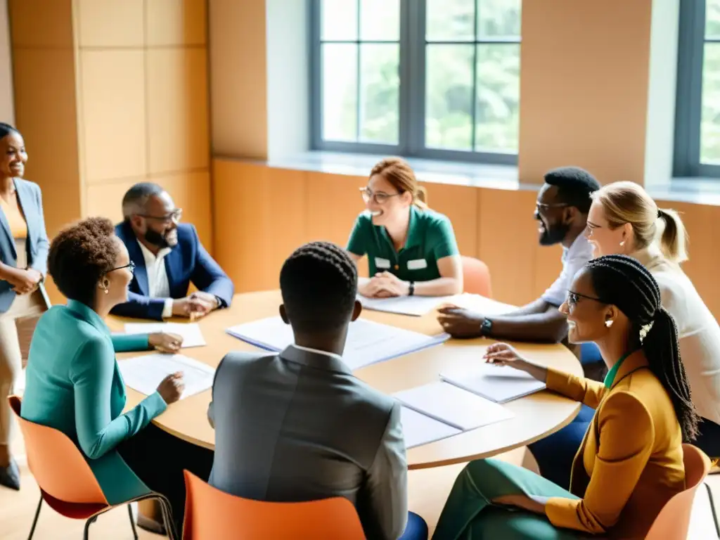 Un grupo diverso de individuos se reúne alrededor de una mesa, discutiendo ideas en un ambiente cálido y acogedor