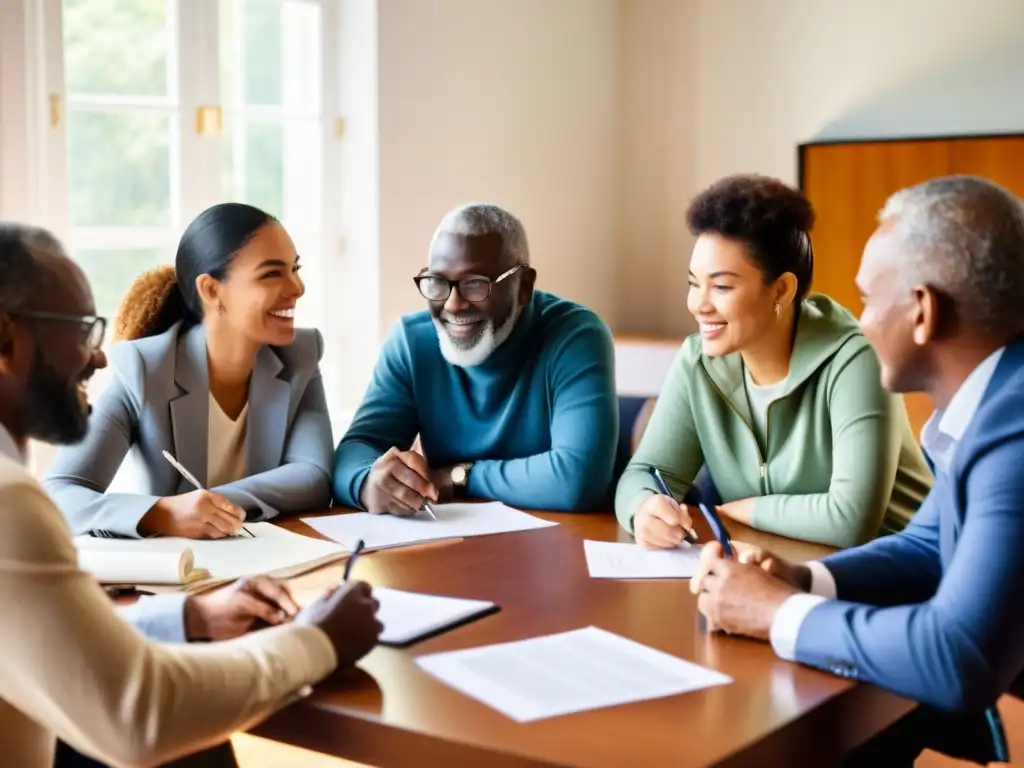 Un grupo diverso de individuos colabora en una mesa, proyectando transparencia y cooperación internacional en ONGs