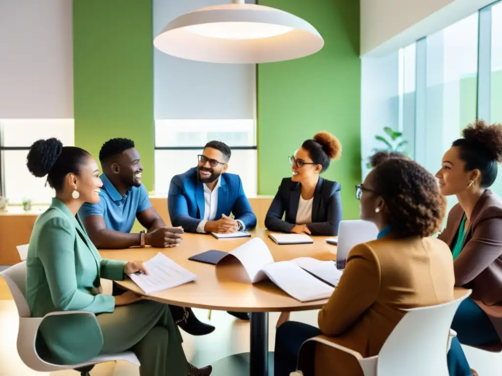 Un grupo diverso de individuos colabora en una reunión con la palabra clave 'Importancia diversificación ingresos ONG'