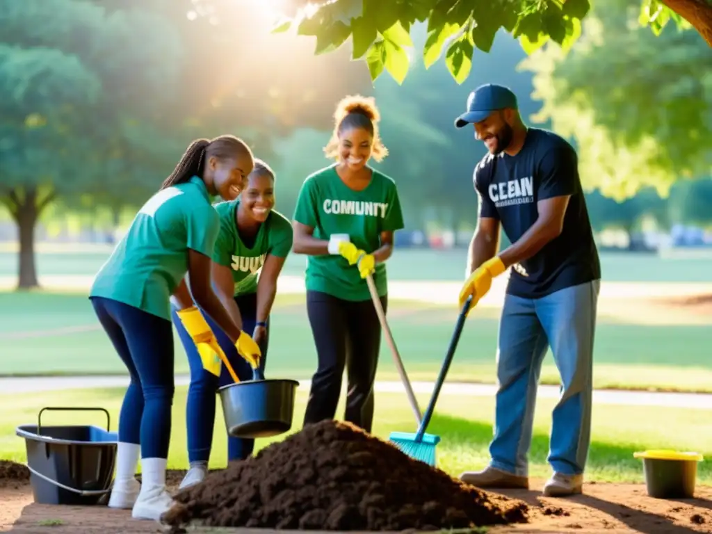 Un grupo diverso de individuos, incluyendo voluntarios y beneficiarios, colaborando para limpiar un parque comunitario al atardecer