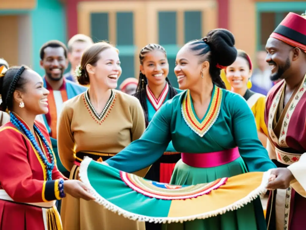 Grupo diverso en intercambio cultural, con trajes tradicionales y expresiones artísticas