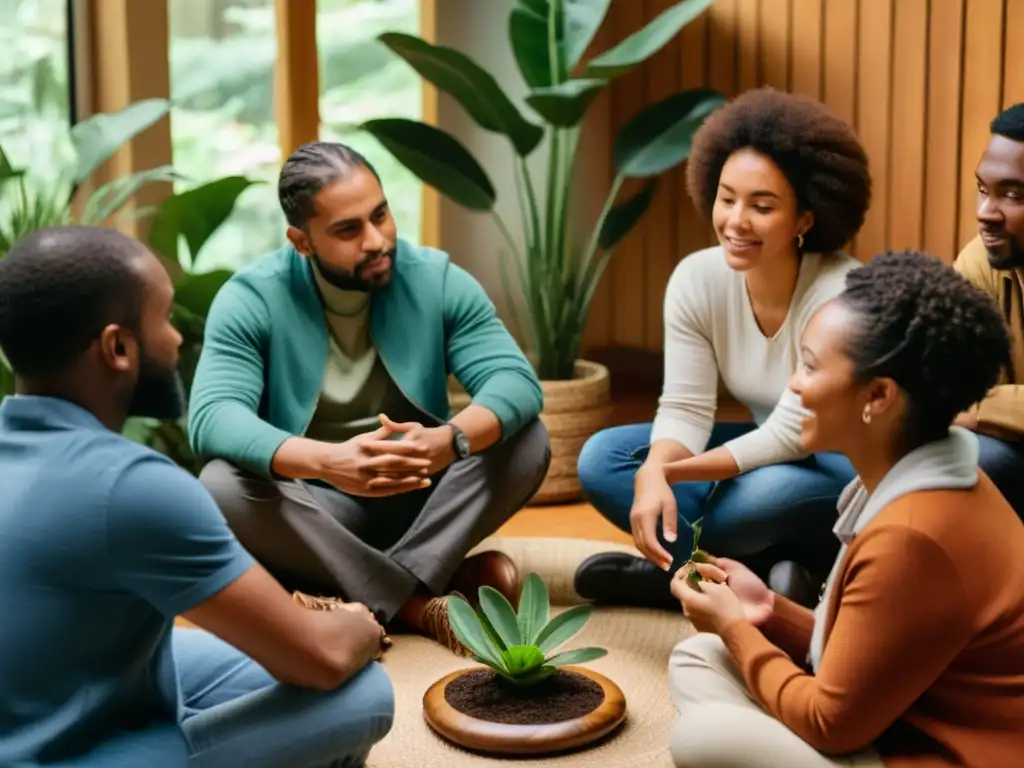 Grupo diverso en íntima conversación, transmitiendo empatía y conexión en storytelling para comunicación interna ONG