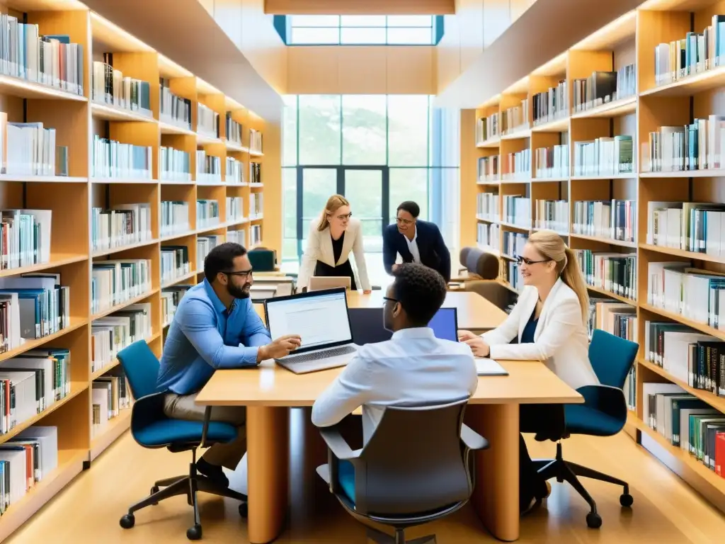 Un grupo diverso de investigadores y académicos colaboran en una biblioteca moderna, rodeados de publicaciones de acceso abierto para ONGs