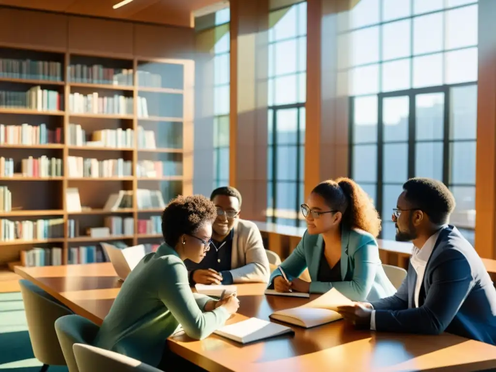 Un grupo diverso de investigadores y académicos colaborando en una moderna biblioteca, inmersos en actividades académicas