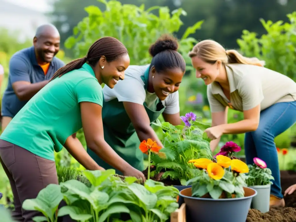 Un grupo diverso colabora para construir un jardín comunitario sostenible