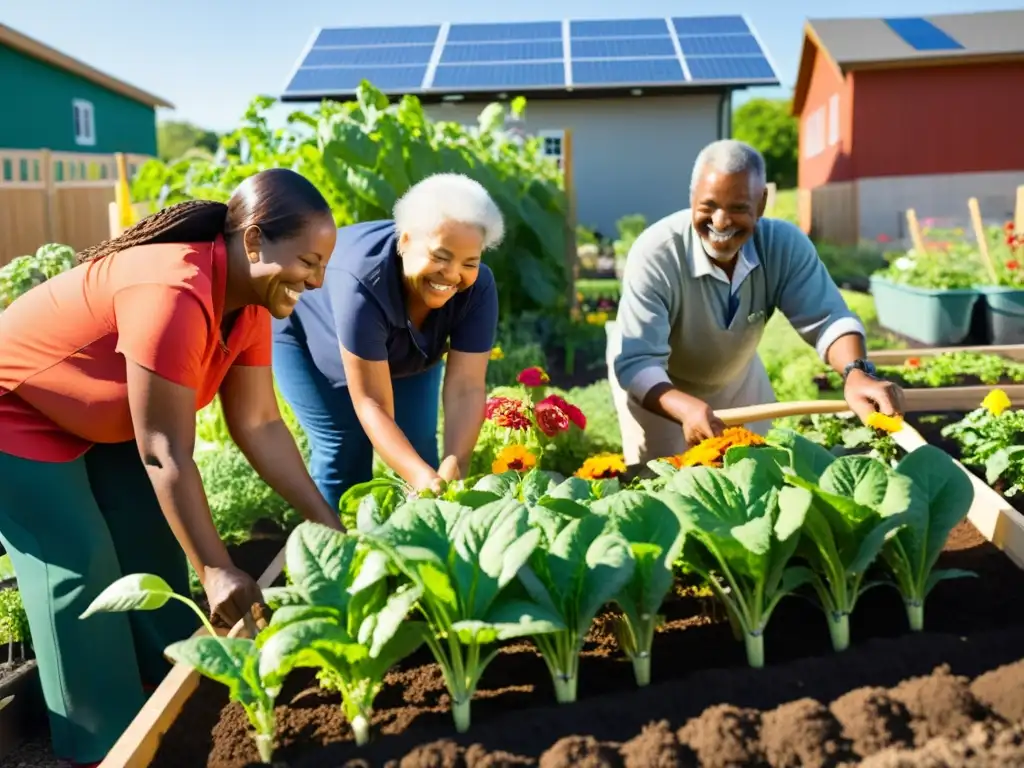 Un grupo diverso cultiva un jardín comunitario, incluyendo a personas con discapacidades y adultos mayores