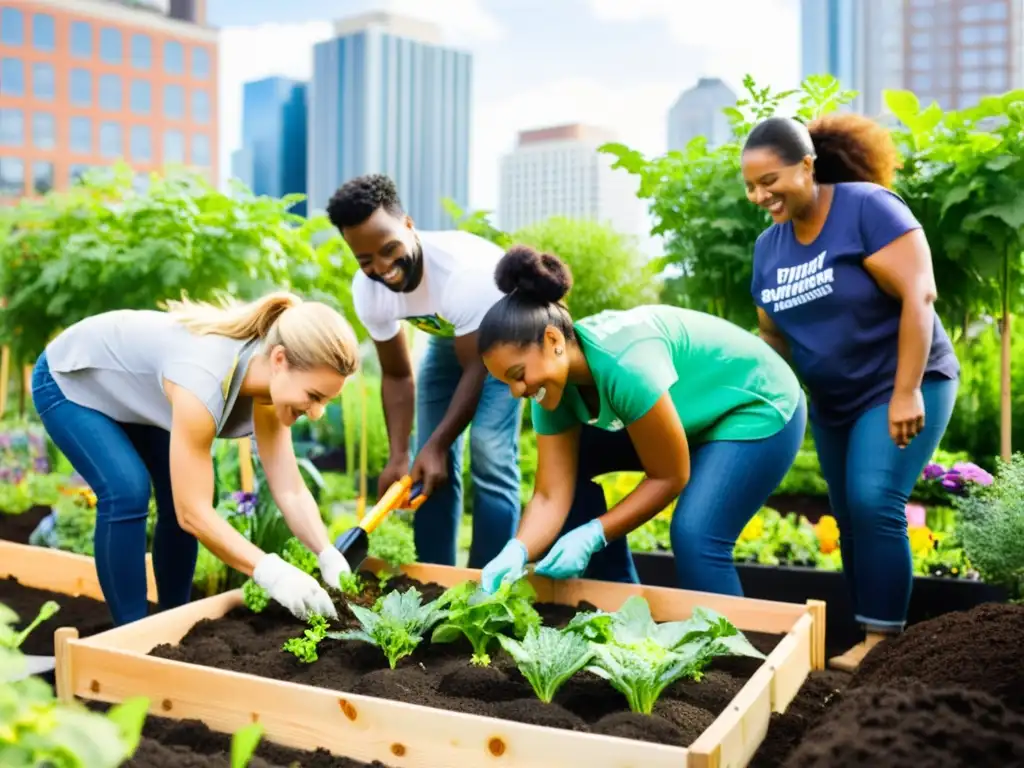 Un grupo diverso colabora para construir un jardín sostenible en área urbana