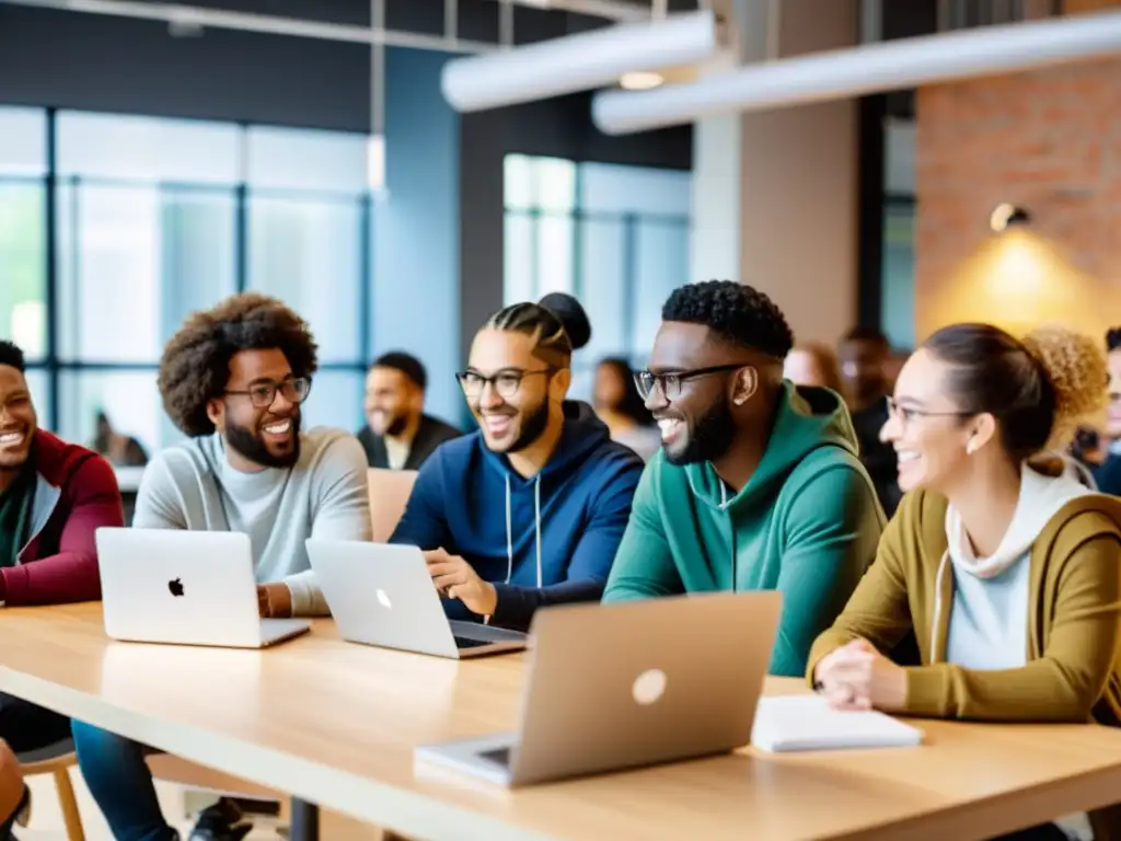 Un grupo diverso de jóvenes colabora en un espacio de coworking moderno, con laptops y smartphones