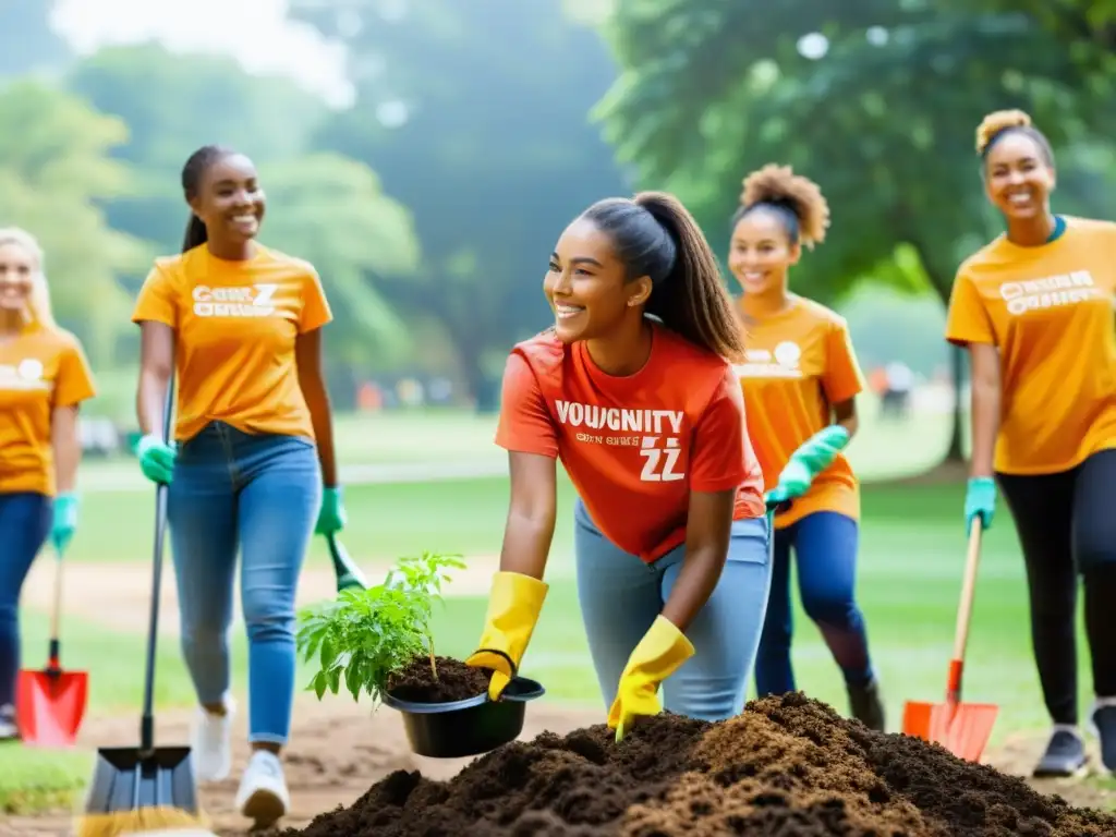 Grupo diverso de jóvenes voluntarios de la Generación Z, realizando labor comunitaria en un parque local