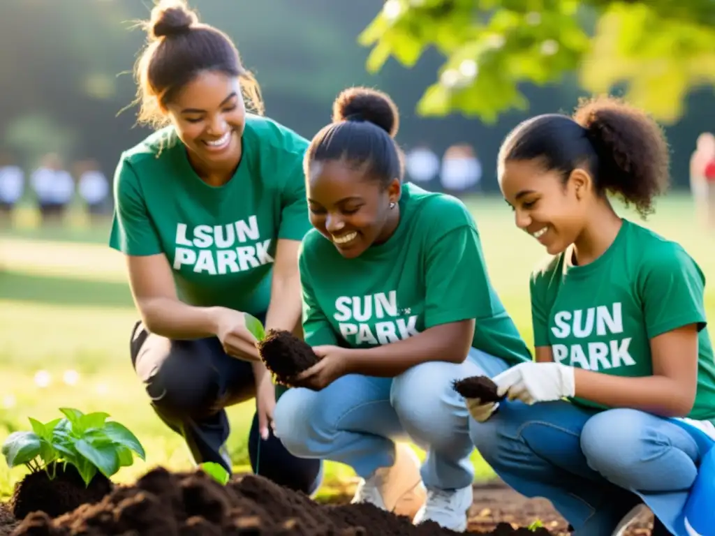 Grupo diverso de jóvenes voluntarios trabajando juntos para limpiar un parque local al atardecer