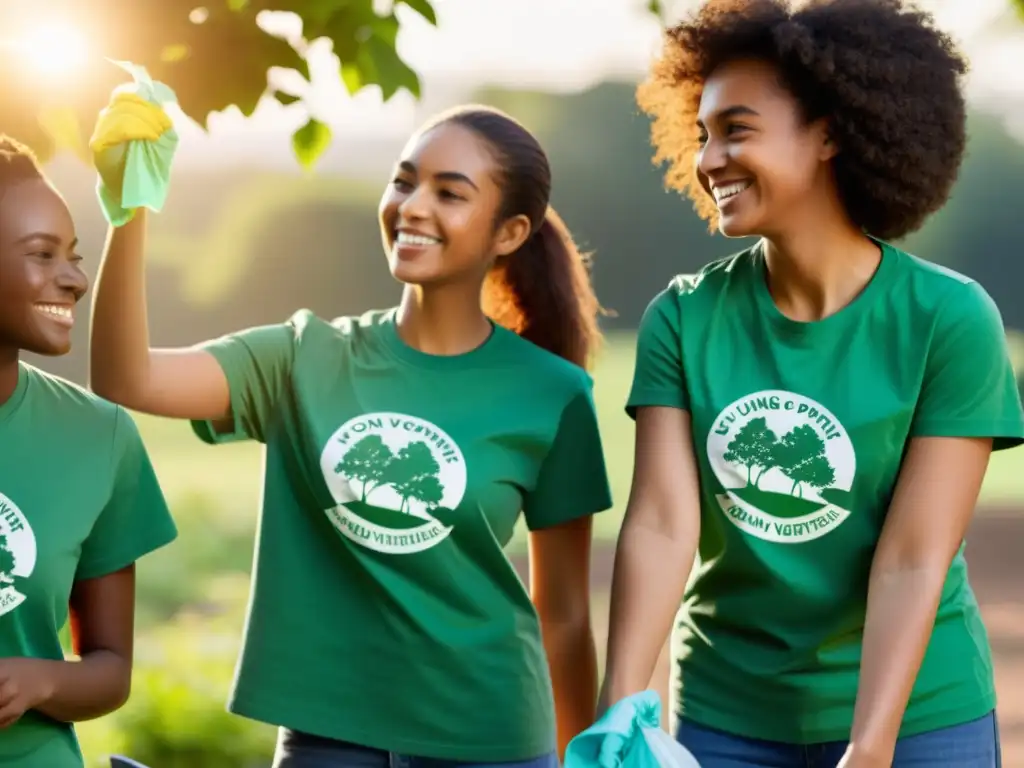 Un grupo diverso de jóvenes voluntarios colabora para limpiar un parque local al atardecer, mostrando estrategias para involucrar jóvenes voluntarios