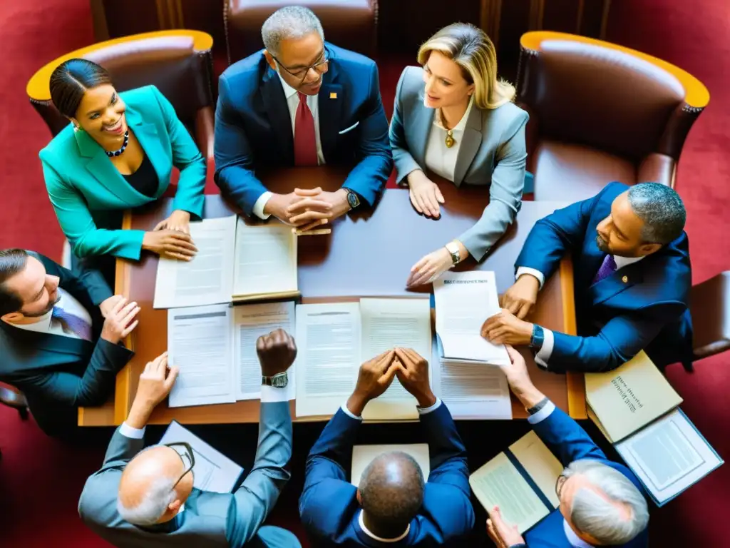 Grupo diverso de legisladores y expertos discuten en sala de conferencias iluminada