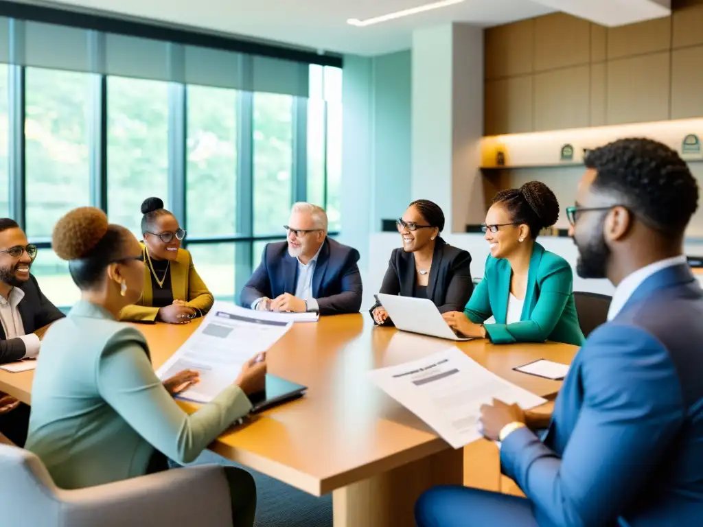 Un grupo diverso, incluyendo líderes de ONG, empresarios y miembros de la comunidad, colaborando en estrategias de fundraising internacional